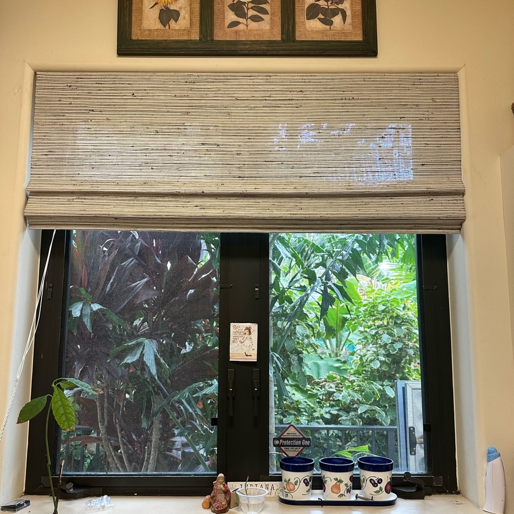 Smith & Noble natural woven shade. 46.25” wide by 47.5” long. New In Box.